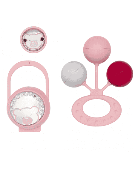 Set Infantil Portachupetes con Pinza y Sonajero Oso Rosa - Eventi EV3256/01R