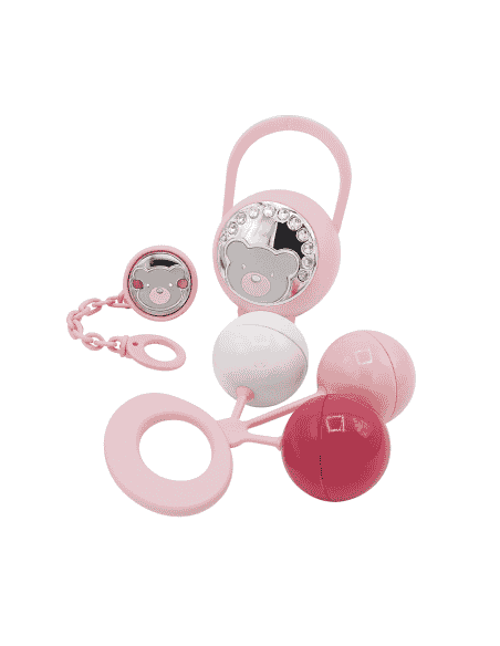 Set Infantil Portachupetes con Pinza y Sonajero Oso Rosa - Eventi EV3256/01R