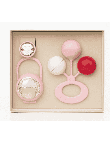 Set Infantil Portachupetes con Pinza y Sonajero Oso Rosa - Eventi EV3256/01R
