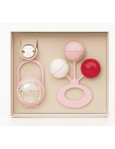 Set Infantil Portachupetes con Pinza y Sonajero Oso Rosa - Eventi EV3256/01R