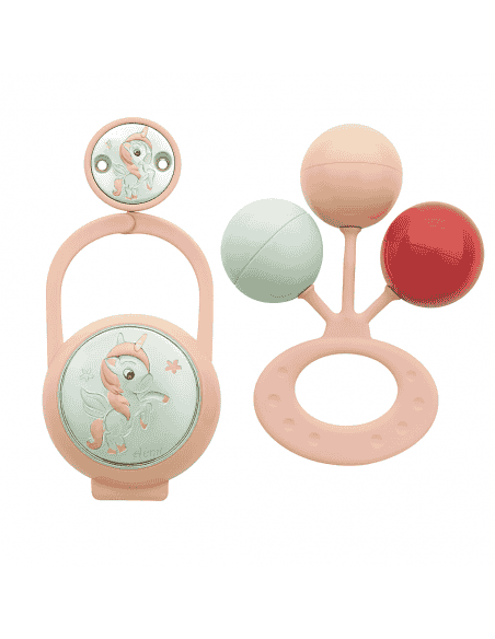 Set Infantil Portachupetes con Pinza Unicornio Rosa  y Sonajero - Eventi EV3246/01R