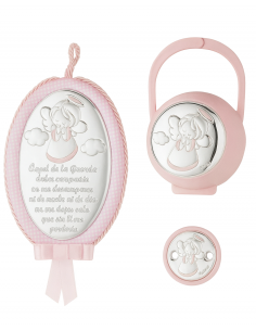 Set Infantil Portachupetes con pinza y Medallón de cuna Ángel de la Guarda Rosa - Eventi EV5104/02SR