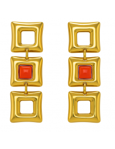 Pendiente para Mujer largo de oro Formadado por tres Cuadrados y una Coral en uno de Ellos - Oro amarillo 18K