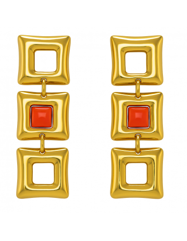 Pendiente para Mujer largo de oro Formadado por tres Cuadrados y una Coral en uno de Ellos - Oro amarillo 18K