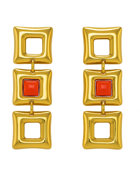 Pendiente para Mujer largo de oro Formadado por tres Cuadrados y una Coral en uno de Ellos - Oro amarillo 18K