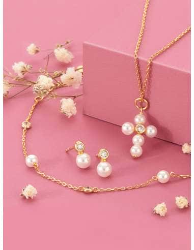 Collar para Niña de Plata Chapada en Oro con Cruz de Perlas y Circonita - Marea D03307/AD