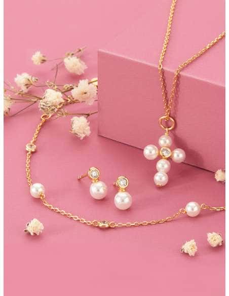 Collar para Niña de Plata Chapada en Oro con Cruz de Perlas y Circonita - Marea D03307/AD
