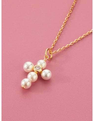 Collar para Niña de Plata Chapada en Oro con Cruz de Perlas y Circonita - Marea D03307/AD