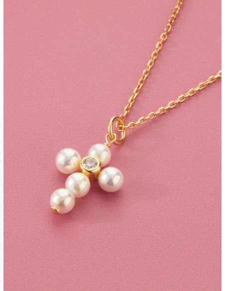 Collar para Niña de Plata Chapada en Oro con Cruz de Perlas y Circonita - Marea D03307/AD