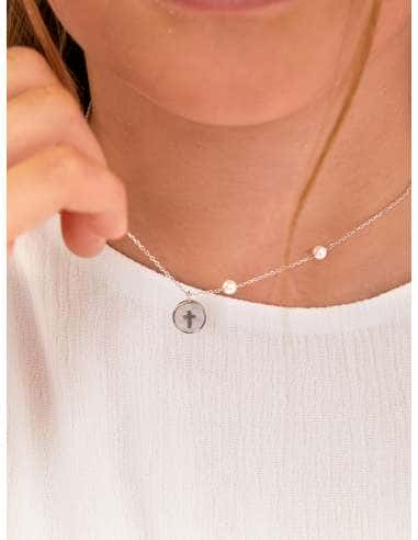 Collar para Niña de Plata con Perlas y Medalla Nácar Cruz  - Marea D03307/AE