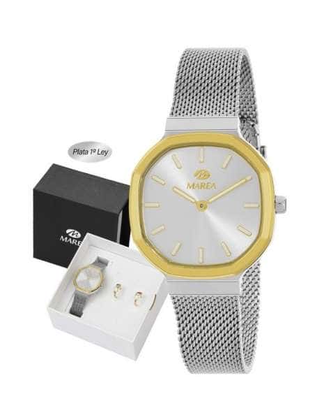 Pack Reloj y Complementos para mujer Malla Milanesa Plateada y Dorada con Pendientes - Marea B41408/13