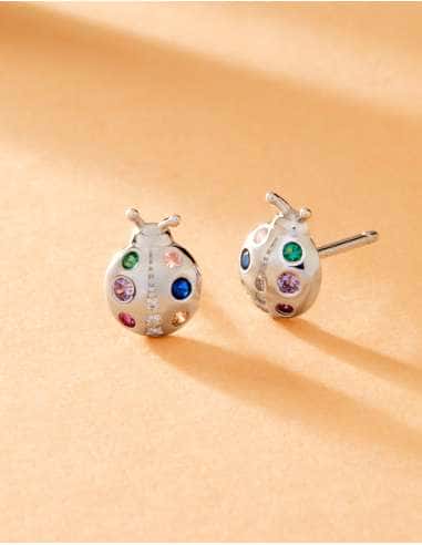 Pendientes para Niña en forma de Mariquita con Circonitas de Colores de Plata - Marea D02401/AP