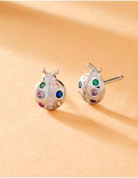 Pendientes para Niña en forma de Mariquita con Circonitas de Colores de Plata - Marea D02401/AP