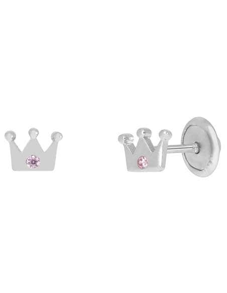 Pendientes para Niña en forma de Corona con Circonita Rosa de Plata - Marea D03401/AG