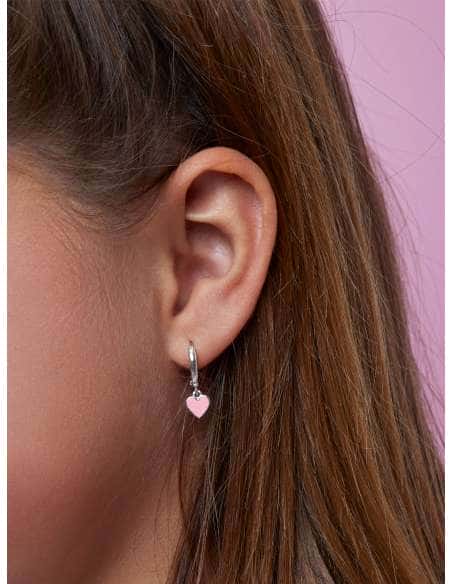 Pendientes para Niña Aros Hoop con Corazón Rosa en Plata Rodiada - Marea D02401/AA