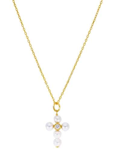 Collar para Niña de Plata Chapada en Oro con Cruz de Perlas y Circonita - Marea D03307/AD
