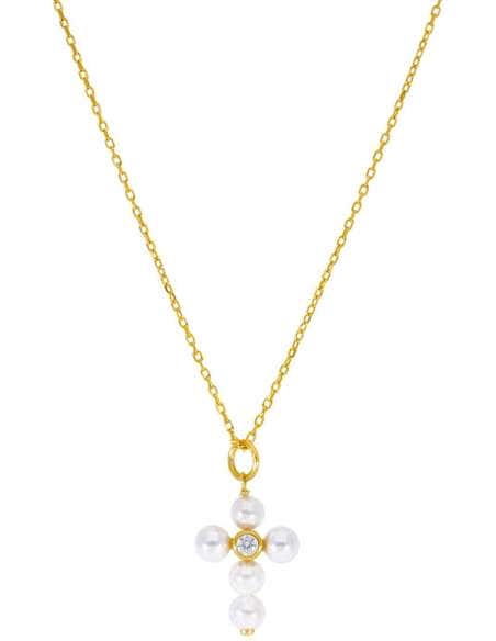 Collar para Niña de Plata Chapada en Oro con Cruz de Perlas y Circonita - Marea D03307/AD