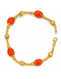 Pulsera para Mujer en Oro 18K con Bolas Labradas y Coral Natural - Oro 18K