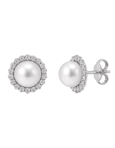 Pendientes para Niña en oro con Bisel de circonitas con Media Perla central - Oro Blanco 18K