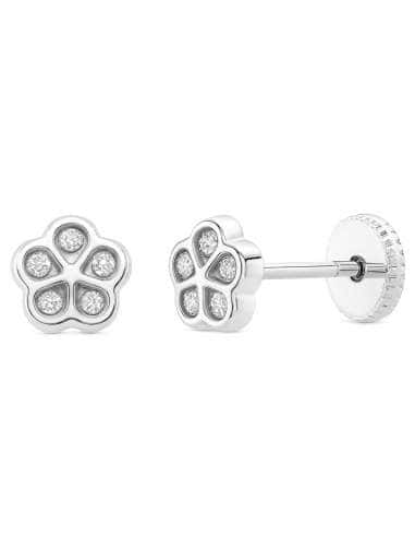 Pendientes para Niña de oro Blanco con Forma de Flor con 5 circonitas - Oro Blanco 18K