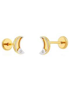Pendientes para Niña en Oro Bicolor con Forma de media Luna con circonita - Oro amarillo y Blanco 18K