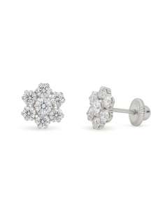 Pendientes para Niña Oro Blanco en Forma de Flor con 7 circonitas - Oro Amarillo 18K