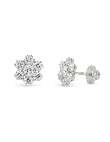 Pendientes para Niña Oro Blanco en Forma de Flor con 7 circonitas - Oro Amarillo 18K