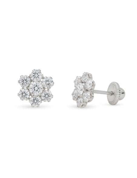 Pendientes para Niña Oro Blanco en Forma de Flor con 7 circonitas - Oro Amarillo 18K