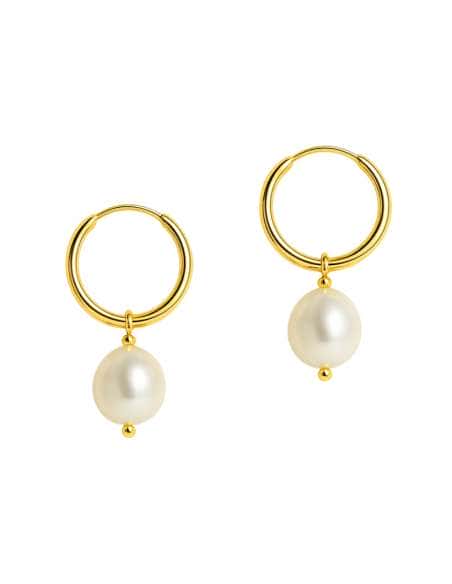 Pendientes para Niña en Oro Aro con Perla colgante - Oro Amarillo 18K