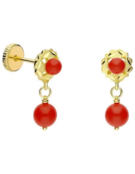 Pendientes Largo para Niña en Oro Coral Rojo - Oro Amarillo 18K