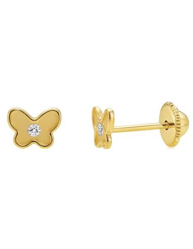 Pendientes para Niña en oro Mariposa con circonita central - Oro Amarillo 18K