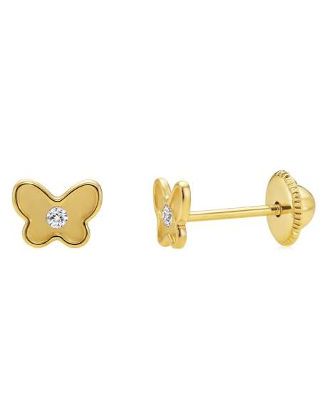 Pendientes para Niña en oro Mariposa con circonita central - Oro Amarillo 18K