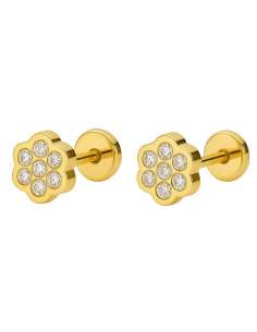Pendientes para Niña en oro Flor con 7 Circonitas  - Oro Amarillo 18K