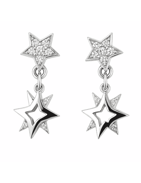 Pendientes para Mujer Pendientes para Mujer Oro Blanco 18K con Doble Estrella y Circonitas - Oro Blanco 18k