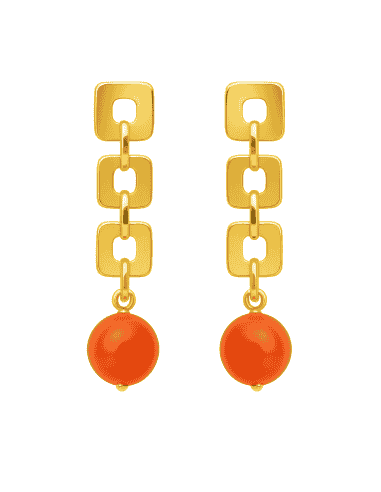 Pendientes para Mujer Oro 18K con Eslabones Cuadrados y Bola de Coral - Oro amarillo 18K