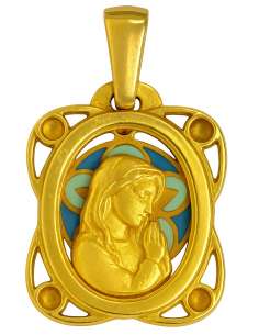 Medalla Virgen Niña con esmalte azul- Oro Amarillo 18K