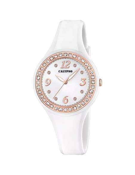 Reloj para Mujer Esfera Blanca con Circonitas y Correa de Caucho Blanco - Calypso K5865/2