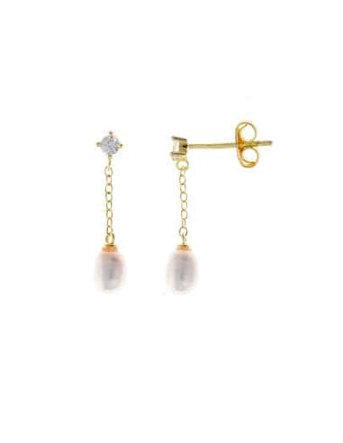 Pendientes para Mujer de plata Circonita Blanca con Cadena y Perla Rice de Agua Dulce - Salvatore 272A0031