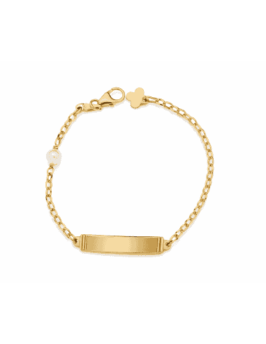 Pulsera esclava infantil de oro con perla y trébol calado - Oro Amarillo 18K