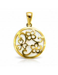 Colgante Redondo en Oro de 18K con Nácar y Diseño Floral Calado - Oro Amarillo 18K