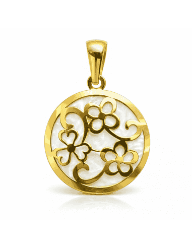 Colgante Redondo en Oro de 18K con Nácar y Diseño Floral Calado - Oro Amarillo 18K