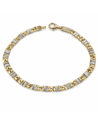 Pulsera Caballero con Eslabones Labrados en Bicolor - Oro Amarillo y Blanco 18k