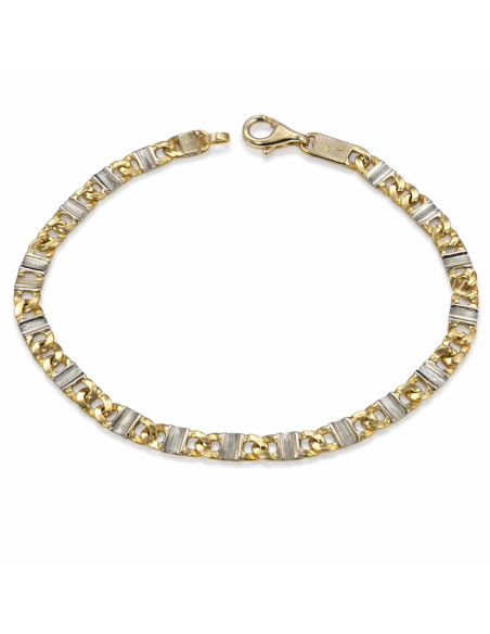Pulsera Caballero con Eslabones Labrados en Bicolor - Oro Amarillo y Blanco 18k