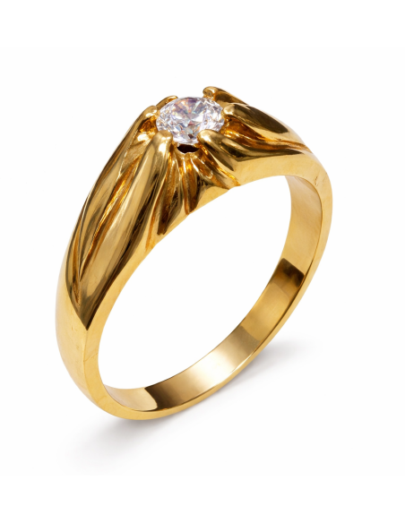 Anillo Solitario para Hombre con circonita -  Oro Amarillo 18K