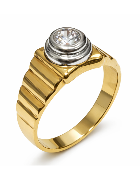 Anillo Solitario para Hombre con circonita -  Oro Amarillo y Blanco 18K