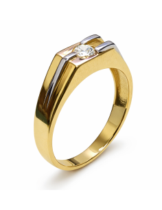 Anillo Solitario para Hombre con circonita -  Oro Amarillo y Blanco 18K