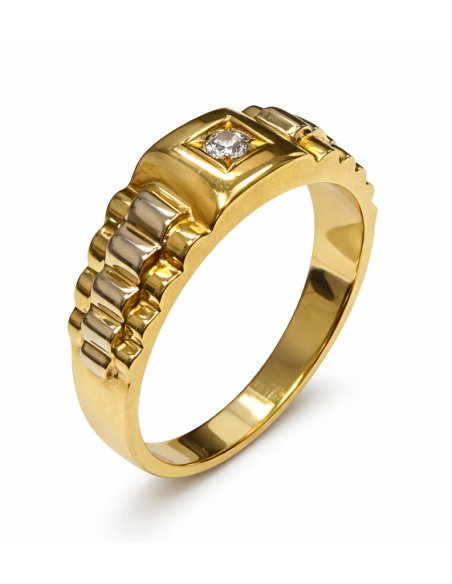 Anillo Solitario para Hombre con circonita -  Oro Amarillo y Blanco 18K