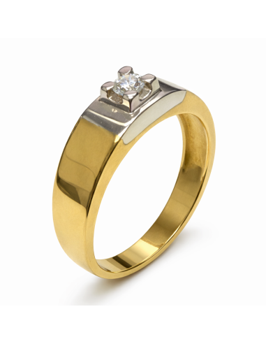 Anillo Solitario para Hombre con circonita -  Oro Amarillo y Blanco 18K