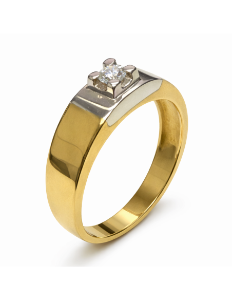 Anillo Solitario para Hombre con circonita -  Oro Amarillo y Blanco 18K