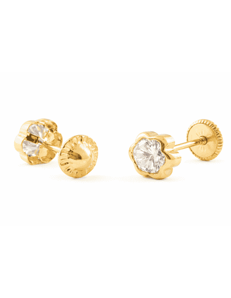Pendientes para Niña en Oro Flor con circonita  - Oro Amarillo 9K